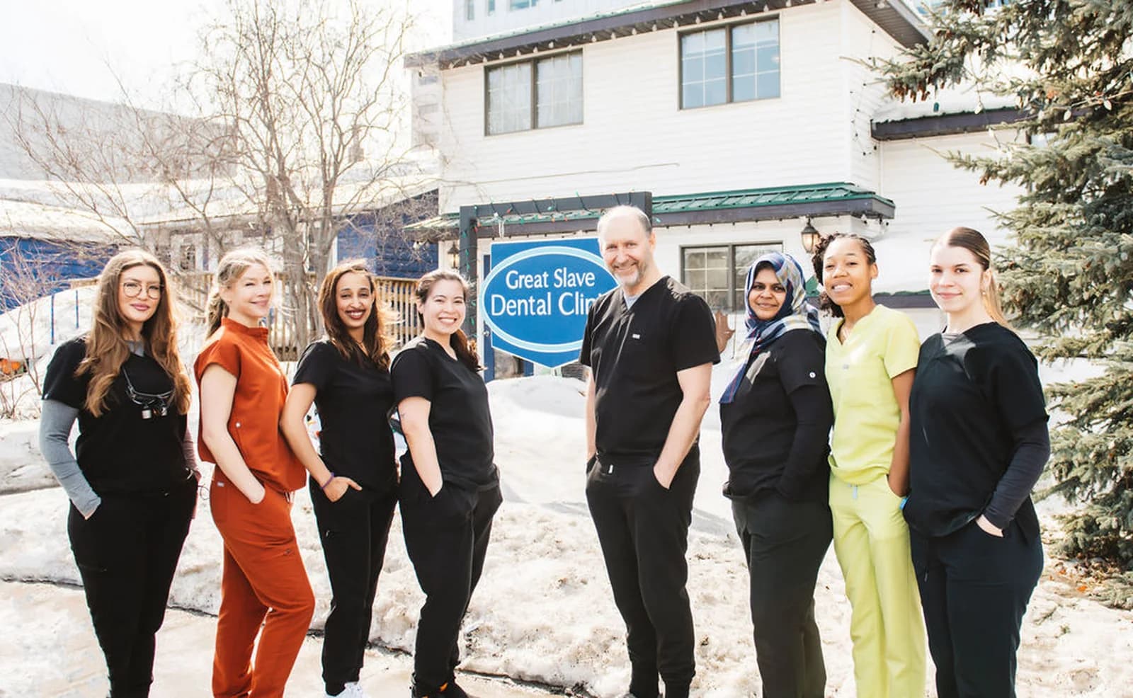 The Great Slave Dental team outside the clinic on 48th Street in Yellowknife